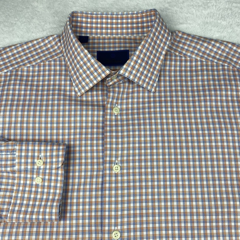 David Donahue Dress Shirt Mens 18-34/35 Blue/Orange Checks Long Sleeves